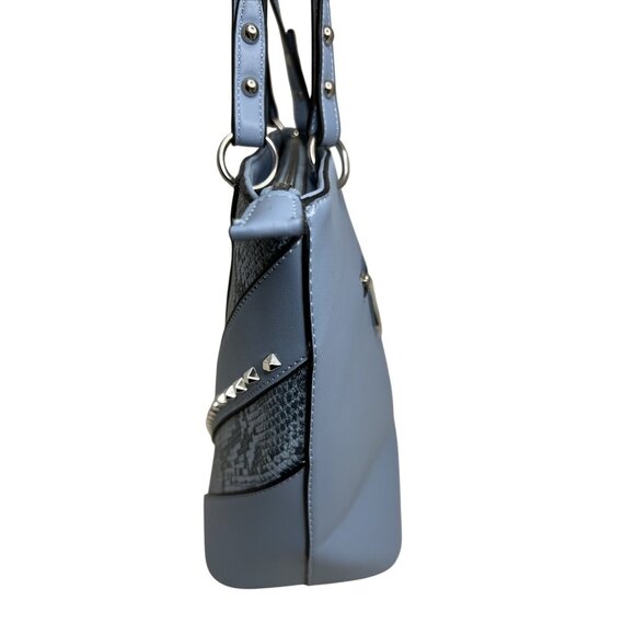 Vera New York Blue Faux Leather Studded Tote With Snake Print Design & Zip Closu - Picture 2 of 6